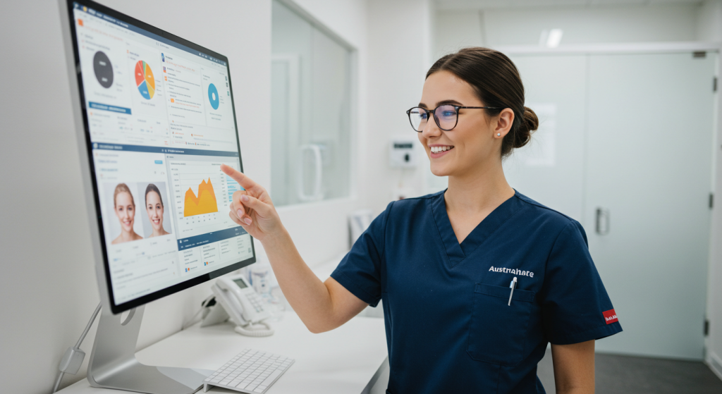 An Australian healthcare, smiling, using a BI dashboard with patient data.
