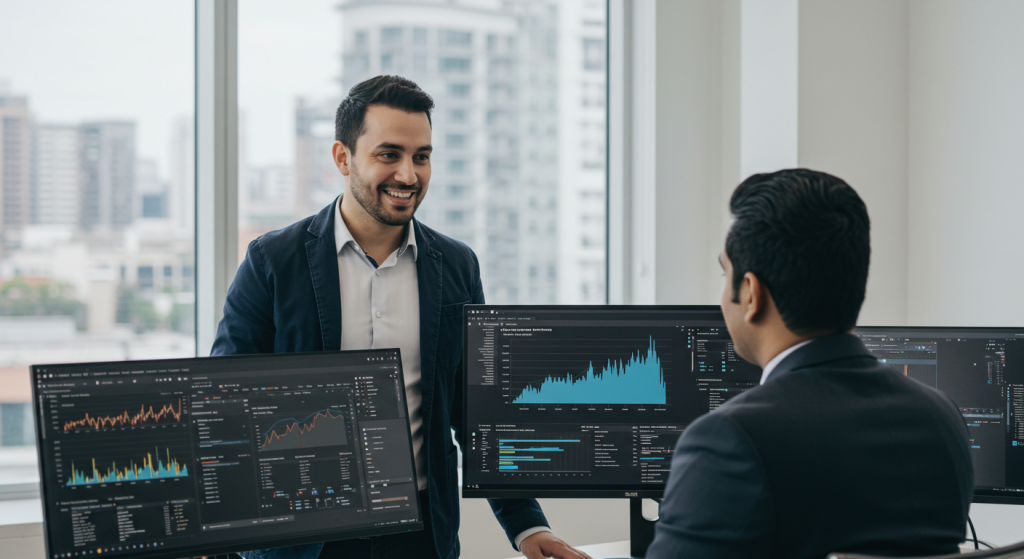 An Australian financial analyst talking with a client, showing a real-time dashboards with fraud detection alerts, customer insights, and risk modelling.