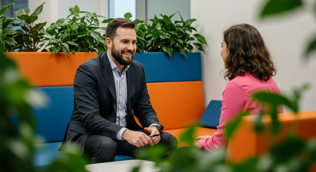 A manager having an open one-on-one conversation with an employee in a modern office, supportive tone, with digital AI graphics faintly overlayed.