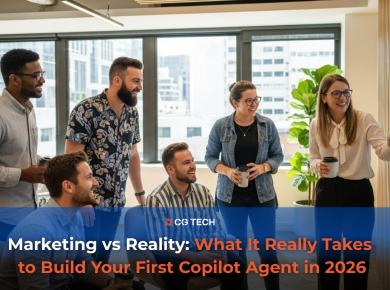 Business team collaborating in a modern office, reviewing a Microsoft Copilot agent workflow on a digital board, showing how Copilot agents are planned, designed, and used in real business environments.
