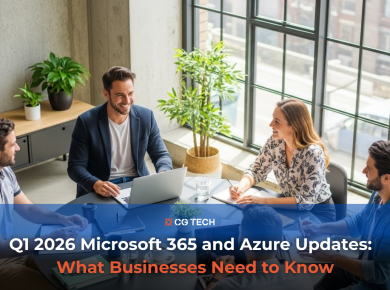 Business team meeting around a table using laptops, representing Q1 2026 Microsoft 365 and Azure updates, Copilot adoption, and modern workplace collaboration.