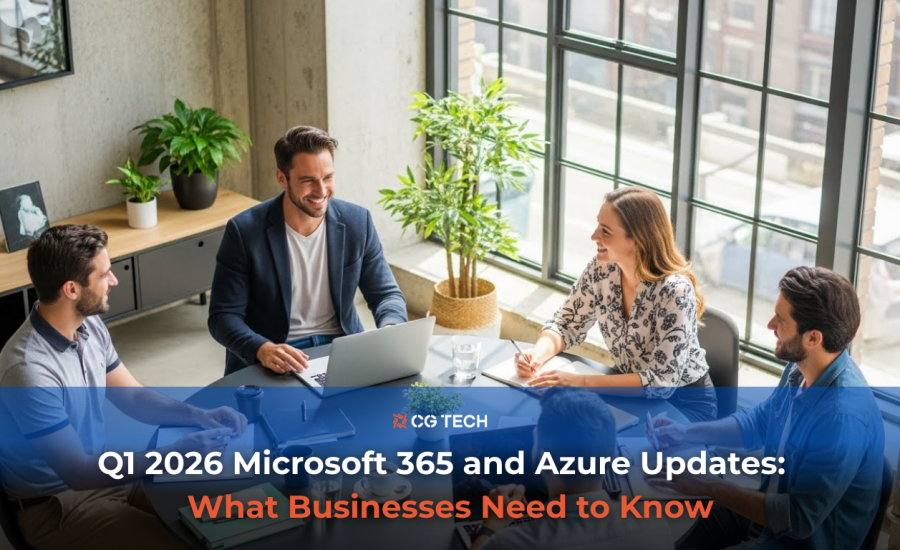 Business team meeting around a table using laptops, representing Q1 2026 Microsoft 365 and Azure updates, Copilot adoption, and modern workplace collaboration.