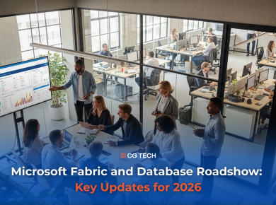 Modern office meeting room with a team reviewing analytics dashboards on a large screen, with overlaid text “Microsoft Fabric and Databases Roadshow: Key Updates for 2026” and CG TECH logo.