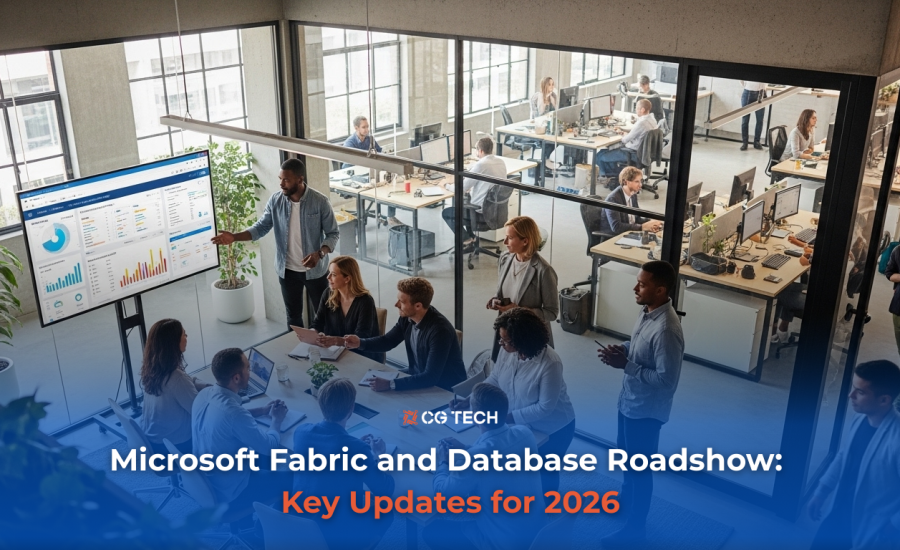 Modern office meeting room with a team reviewing analytics dashboards on a large screen, with overlaid text “Microsoft Fabric and Databases Roadshow: Key Updates for 2026” and CG TECH logo.