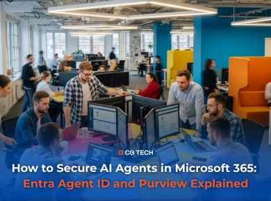 Business team working at computers in a modern office, CG TECH blog on securing AI agents in Microsoft 365.