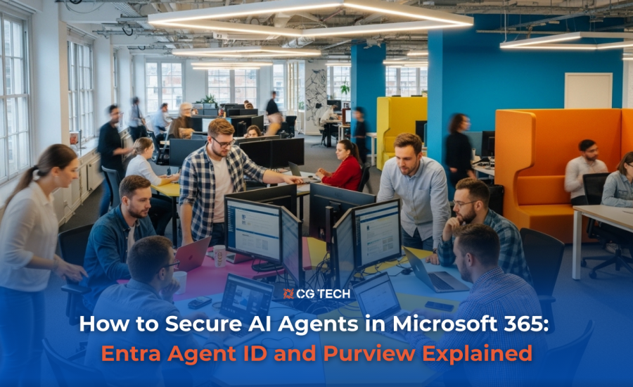 Business team working at computers in a modern office, CG TECH blog on securing AI agents in Microsoft 365.
