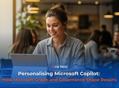 Smiling professional using a laptop in a modern café workspace with CG TECH branding and the text “Personalised Copilot Powered by Your Work Graph”.
