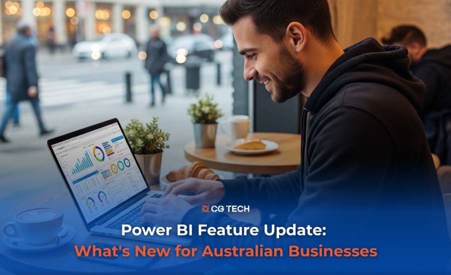 Person reviewing a Power BI dashboard on a laptop at an outdoor cafe, with a CG TECH Power BI feature update banner overlay.