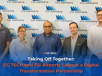 Group photo of CG TECH and Fiji Airports team in front of Fiji Airports backdrop, announcing a digital transformation partnership.