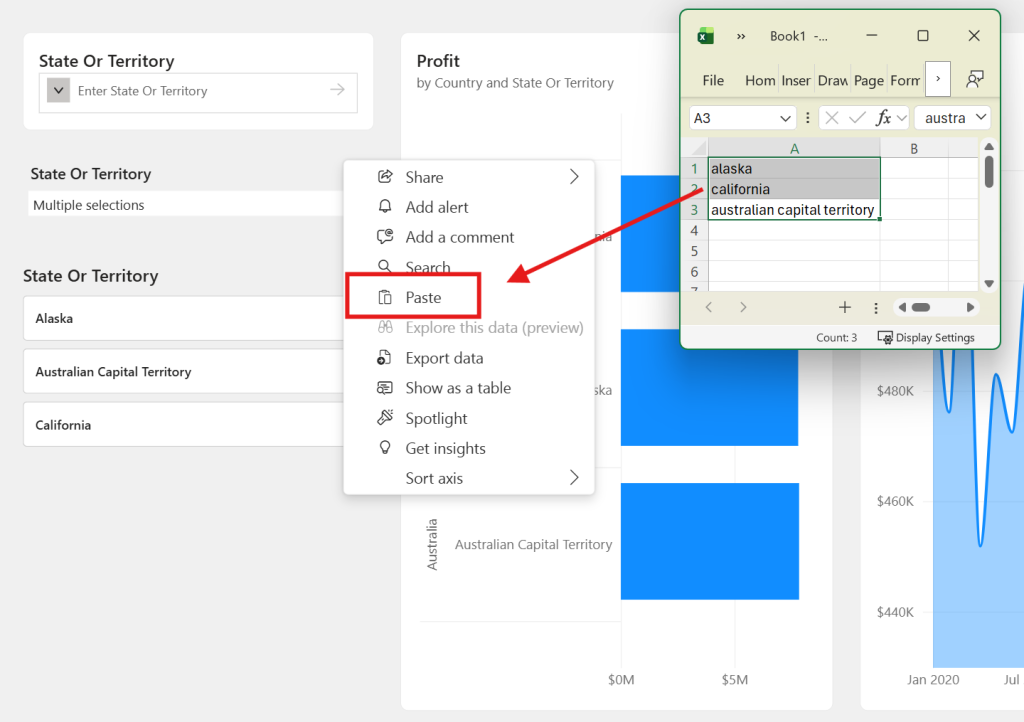 Power BI report slicer context menu showing the paste feature.
