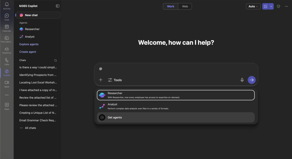 Microsoft 365 Copilot chat interface showing Researcher and Analyst agents in the sidebar.