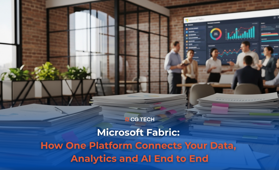 Business team reviewing Microsoft Fabric analytics dashboards, representing CG TECH's end-to-end data and AI platform blog.