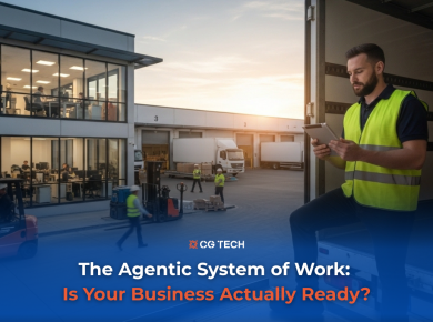 A logistics worker reviews data on a tablet outside a warehouse, with the CG TECH Agentic System of Work blog title overlaid.
