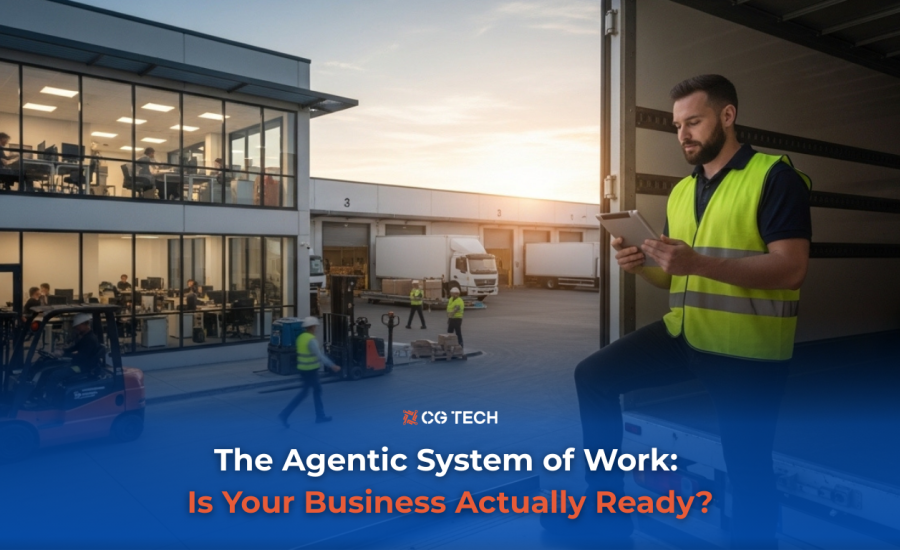 A logistics worker reviews data on a tablet outside a warehouse, with the CG TECH Agentic System of Work blog title overlaid.