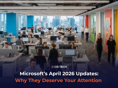 Open-plan office with employees working at desks, representing Microsoft April 2026 updates for business leaders.