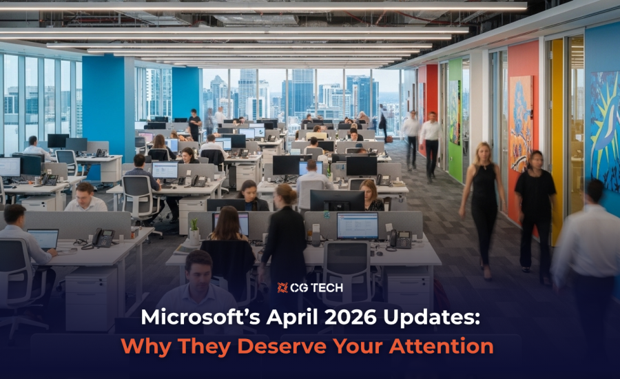 Open-plan office with employees working at desks, representing Microsoft April 2026 updates for business leaders.