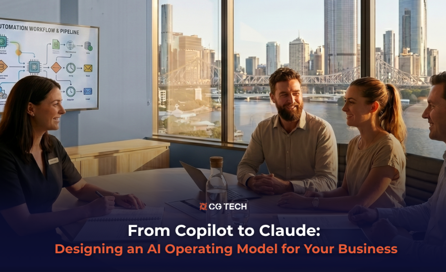 Business leaders in a Brisbane boardroom discussing an AI operating model, with an automation workflow diagram on the wall.