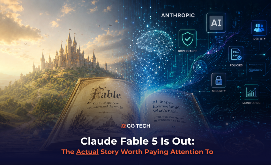 An open storybook transitions from a fantasy castle scene into a digital AI brain surrounded by governance icons including identity, policies, security and monitoring, with the CG TECH logo and blog title overlaid.