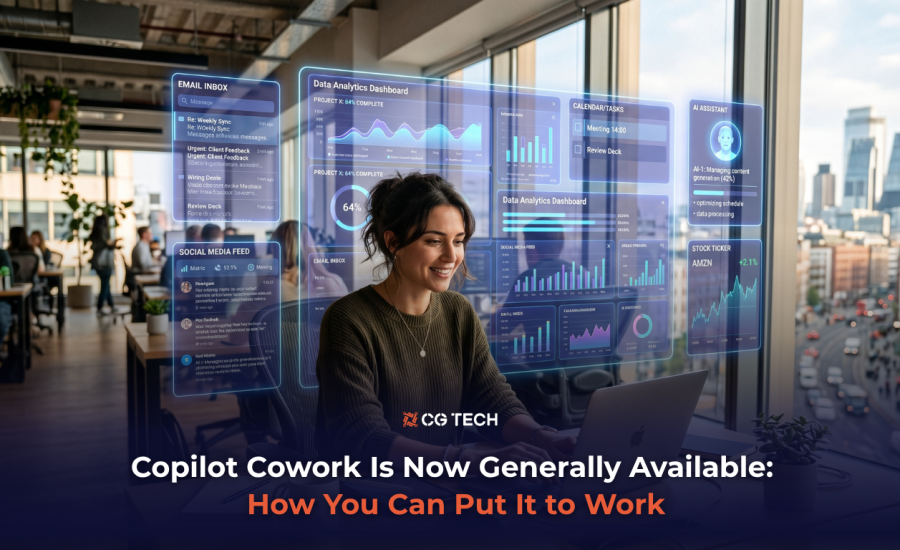 A professional working on a laptop surrounded by holographic AI dashboards showing email, analytics, calendar, and task management tools, representing Microsoft Copilot Cowork managing multiple workflows simultaneously.
