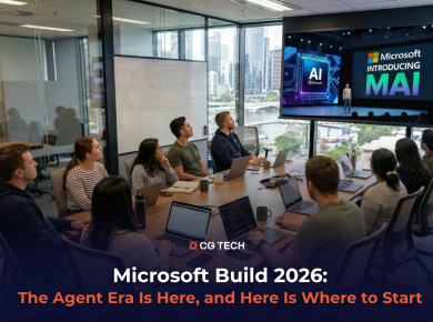 A business team in a modern Brisbane office watching a Microsoft Build 2026 presentation introducing MAI on a large screen.