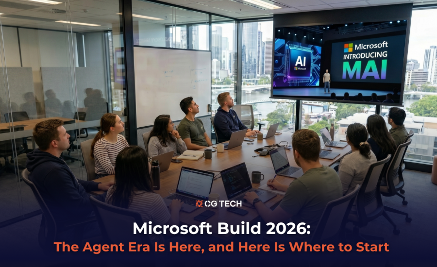 A business team in a modern Brisbane office watching a Microsoft Build 2026 presentation introducing MAI on a large screen.