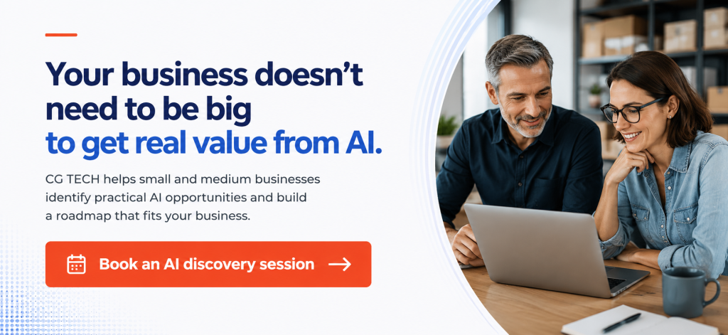 CG TECH AI discovery session banner showing two business professionals planning practical AI adoption for a small business, with a call to book an AI discovery session.