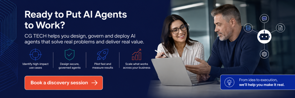 CG TECH AI agent implementation banner showing business leaders planning secure, governed AI agents, with a call to book a discovery session.