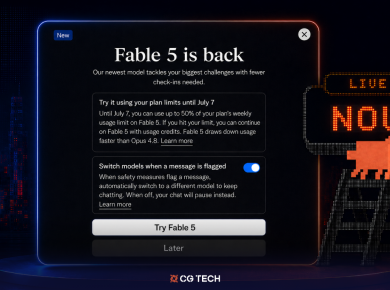 Fable 5 is back notification screen with a Try Fable 5 button, shown beside a lit-up billboard reading Live Now, marking Claude Fable 5's return.