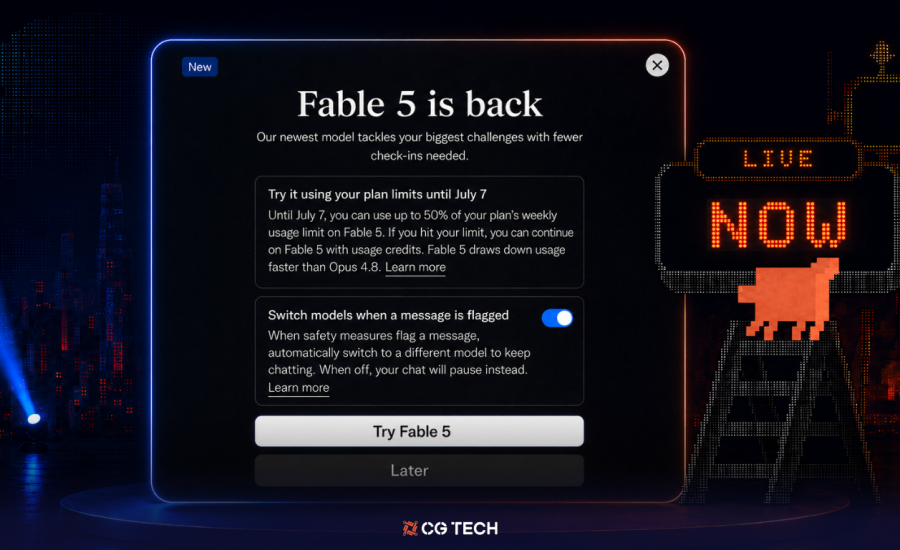 Fable 5 is back notification screen with a Try Fable 5 button, shown beside a lit-up billboard reading Live Now, marking Claude Fable 5's return.