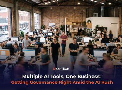 Business team collaborating in an open-plan office, illustrating CG TECH's blog on AI governance across ChatGPT, Copilot and Claude.